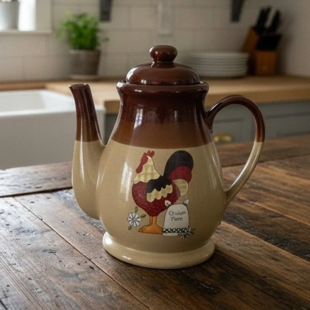 Tricolor Brown Large Teapot, Vintage Rooster 
